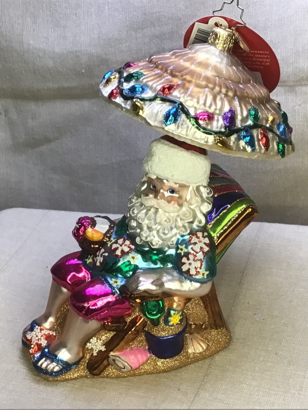 Vintage- NWT Radko Relaxing by the Beach Santa Glass Christmas Ornament.